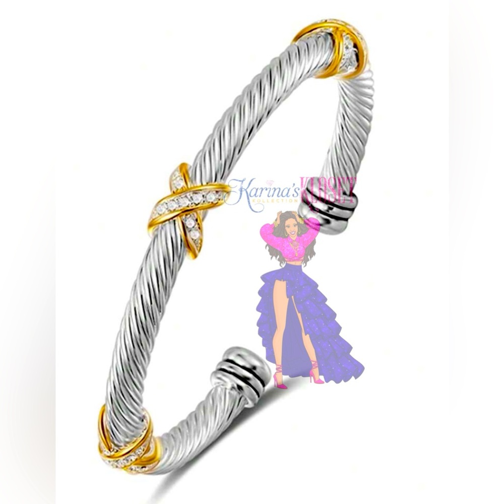 Two Tone X Classic Cable Bangle Bracelet, Twisted Cable Bangle